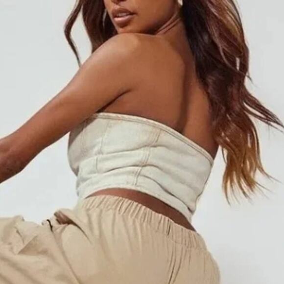 PLT Washed Stone Denim Strapless Hook and Eye Structured Corset Top sz US 8-NWT - Picture 3 of 7